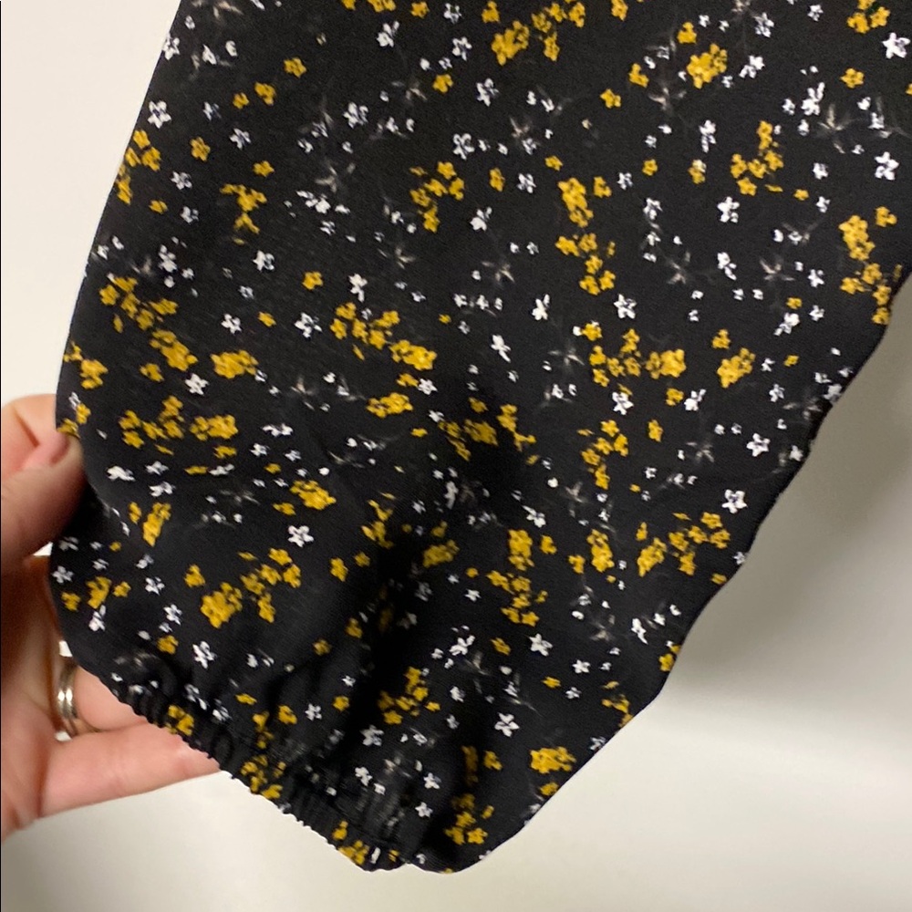 DYNAMITE Black and Yellow Floral Wrap Sundress with Bishop Sleeves - Picture 4 of 9